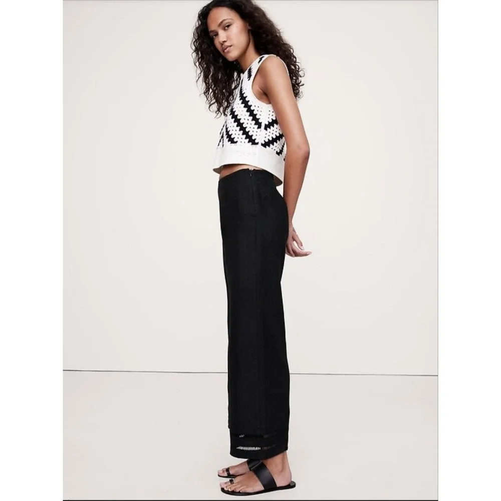 New Banana Republic Pants 12 Linen Kick Flare Lace Trim‎ Cropped Coastal Black